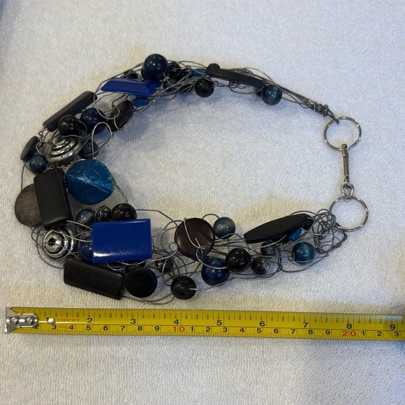Handmade Chunky Wire & Bead Necklace | Navy Blue Wood Resin Collar Choker - Picture 6 of 7